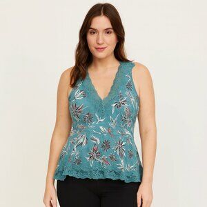 Free People Teal and Red Floral Lace V-Neck Top